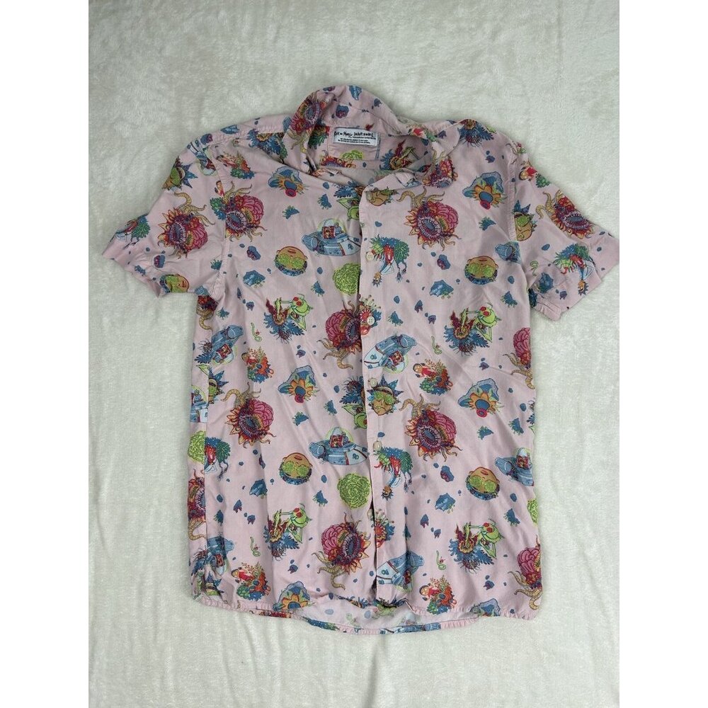 Rick and Morty Shirt Mens Small Pink Button Up Adult Swim Camp